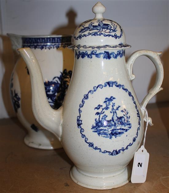 A Penningtons Liverpool blue and white coffee pot and cover and a similar jug, c.1780-90, 27 and 23cm